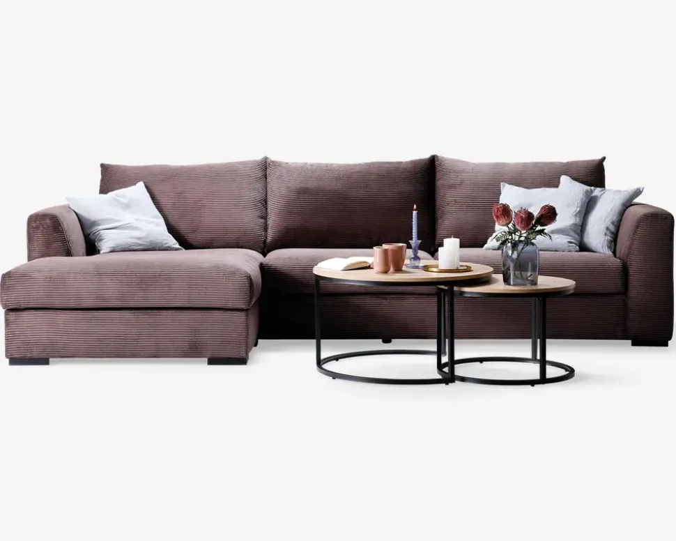 Sofa med chaiselong brun fløjl venstre